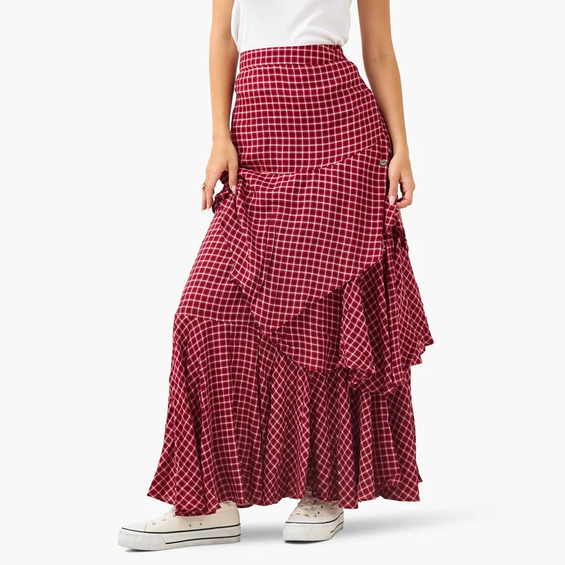 Lee Cooper Checked Layered Maxi Skirt with Semi-Elasticated Waist