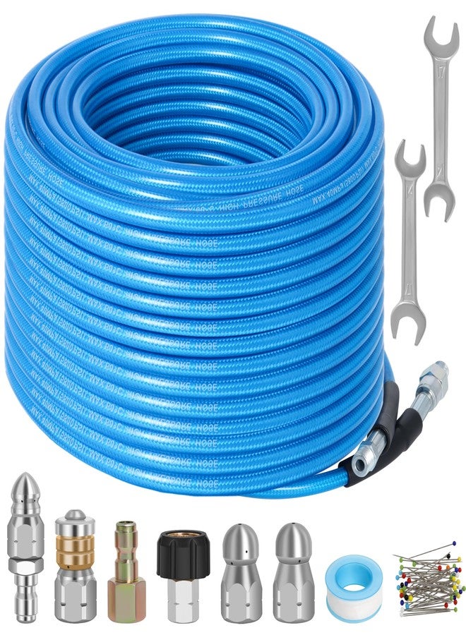 Zejoot 100 FT Sewer Jetter Kit for Pressure Washer, 5800PSI Water Jet Drain Cleaner Hose, 1/4 Inch NPT Corner with 4 Sewer Jetting Nozzles, Pearl Corsage Pin, Waterproof Tape, Handle Strap&2 Spanner (Blue) - Image 1