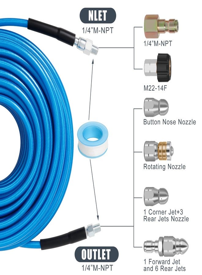 Zejoot 100 FT Sewer Jetter Kit for Pressure Washer, 5800PSI Water Jet Drain Cleaner Hose, 1/4 Inch NPT Corner with 4 Sewer Jetting Nozzles, Pearl Corsage Pin, Waterproof Tape, Handle Strap&2 Spanner (Blue) - Image 4