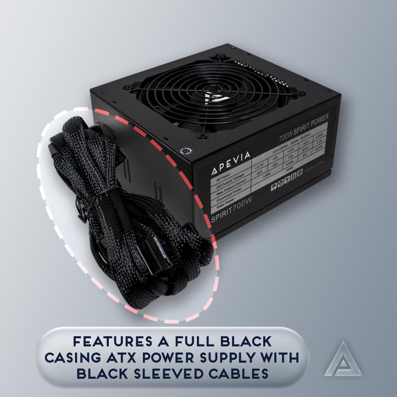 APEVIA مزود طاقة Apevia ATX-SP700 Spirit ATX مع مروحة 120 مم ذات تحكم حراري تلقائي، مفتاح 115/230 فولت، جميع الحمايات - Image 2
