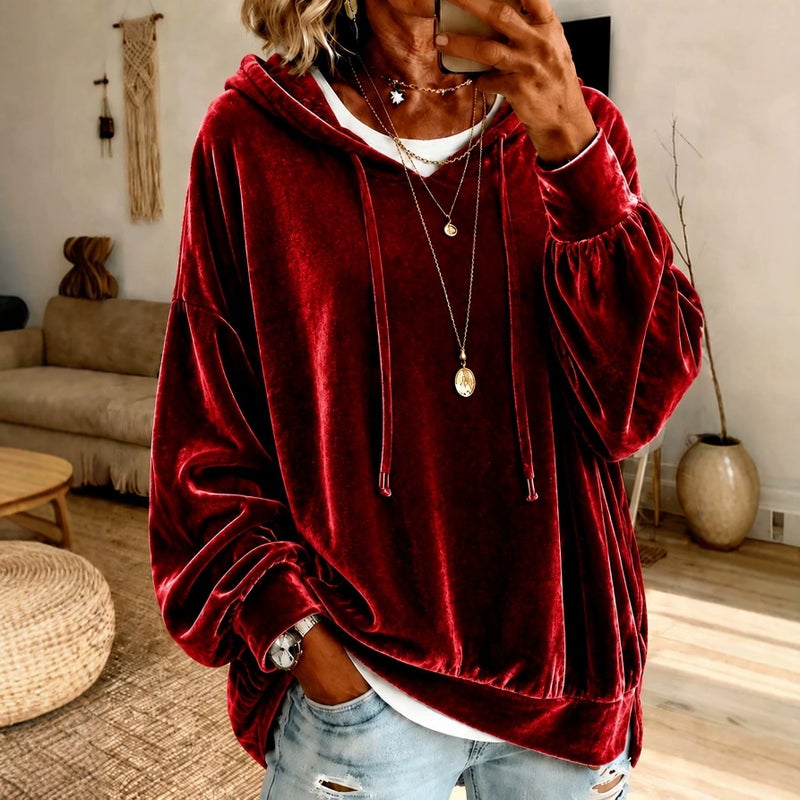 Women's Velvet Hoodie Long Sleeve Loose Fit - Image 3