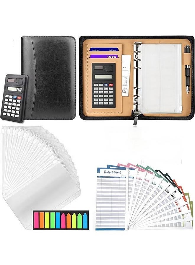 Generic Budget Binder with Zipper Envelopes, Cash Envelopes for Budgeting, A6 PU Leather Budget Planner with Cash Envelopes Calculator, Bill Money Organizer for Cash Saving Budget System Wallet (Black) 