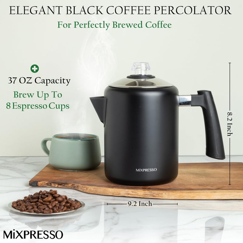 Mixpresso Black Stainless Steel Coffee Percolator Stovetop, 37oz Classic Percolator Coffee Pot, Great For Camping Pot, 5-8 Cup Stove Top Espresso Maker, Cool-Touch Handle - Image 4