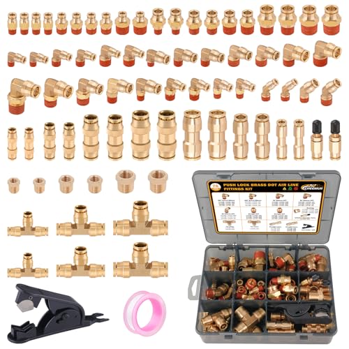 CheeMuii 76 Pcs Brass DOT Air Line Fittings Kit Push Lock Air Fittings Push to Connect Fittings NPT Thread & Quick Connect Air Hose Fittings for DOT Air Line Air Hose Pneumatic Tubing - Image 1
