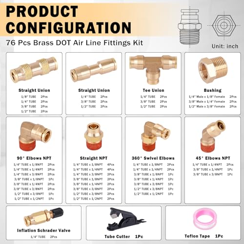 CheeMuii 76 Pcs Brass DOT Air Line Fittings Kit Push Lock Air Fittings Push to Connect Fittings NPT Thread & Quick Connect Air Hose Fittings for DOT Air Line Air Hose Pneumatic Tubing - Image 2