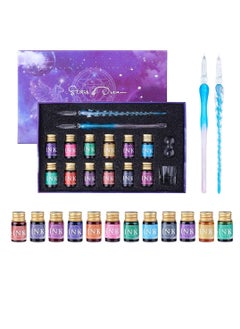 Glass Dip Pen and Ink Set with 2 Calligraphy Crystal Pens and 12 Gold Inks, Pen Holder & Cleansing Cup, Glass Dip Pen Beginners Gift Set for Art, Drawing, Writing, Signatures, Cards