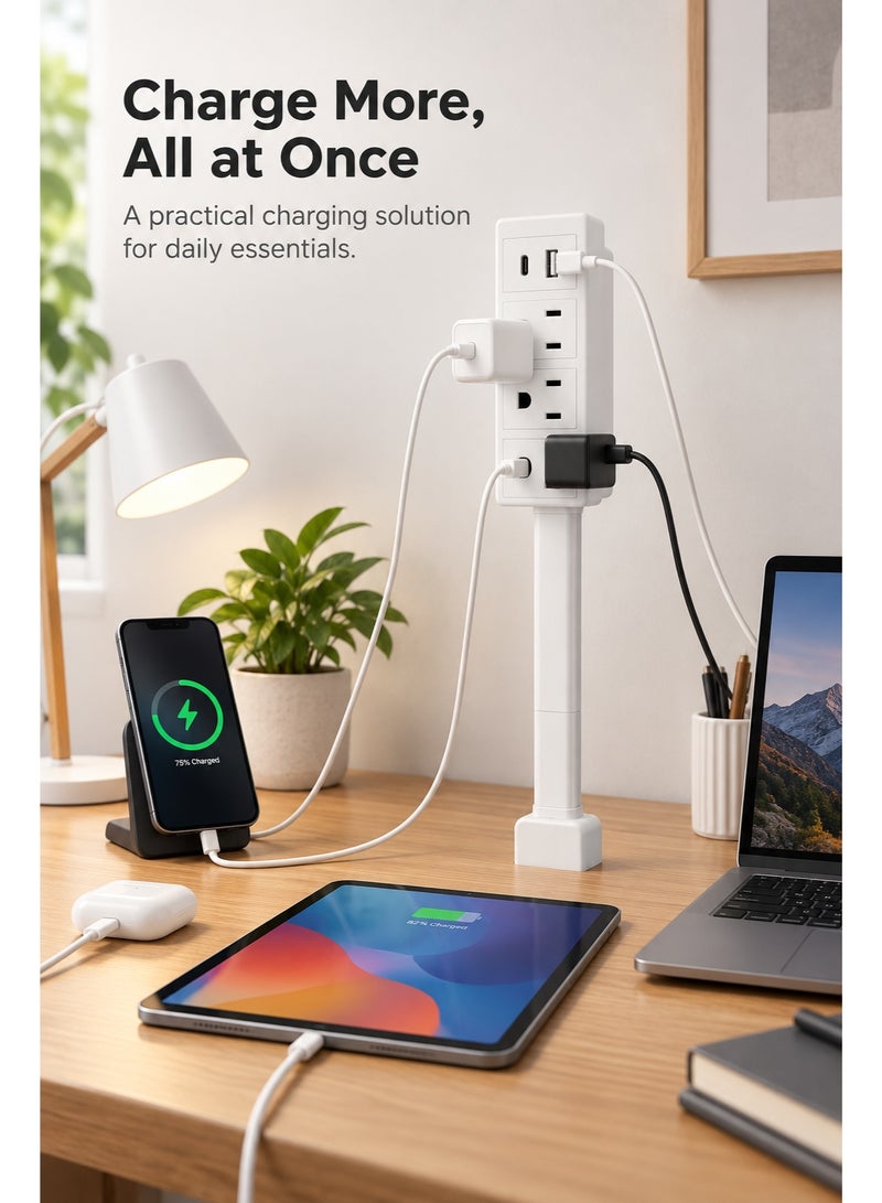 موسع مأخذ الكهرباء. وصول إلى المآخذ الصعبة الوصول! مزود بمدخل USB-A وUSB-C و2 مخرج AC، يمتد من 22" إلى 34"، يدور 180 درجة. يمكن استخدامه خلف الأرائك، الطاولات الجانبية، المكاتب، وأكثر. - Image 5