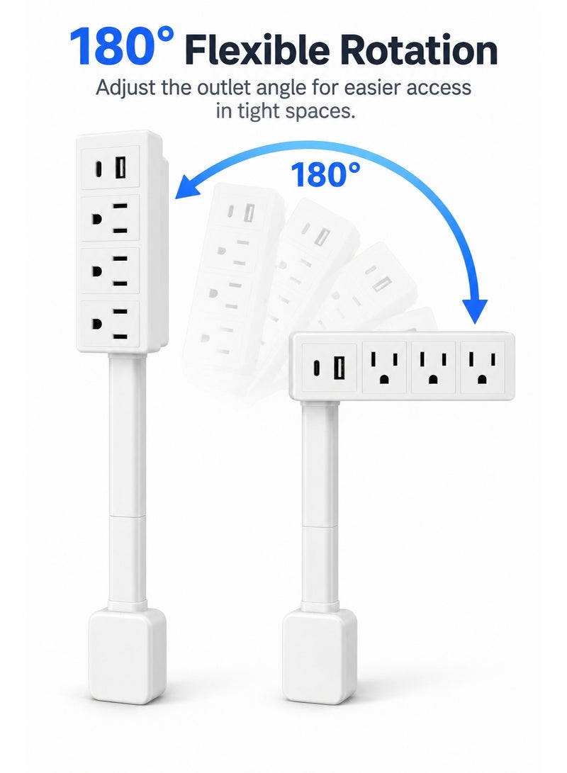 موسع مأخذ الكهرباء. وصول إلى المآخذ الصعبة الوصول! مزود بمدخل USB-A وUSB-C و2 مخرج AC، يمتد من 22" إلى 34"، يدور 180 درجة. يمكن استخدامه خلف الأرائك، الطاولات الجانبية، المكاتب، وأكثر. - Image 3