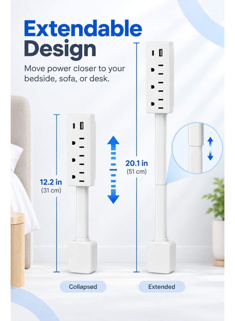 موسع مأخذ الكهرباء. وصول إلى المآخذ الصعبة الوصول! مزود بمدخل USB-A وUSB-C و2 مخرج AC، يمتد من 22" إلى 34"، يدور 180 درجة. يمكن استخدامه خلف الأرائك، الطاولات الجانبية، المكاتب، وأكثر. - Image 2
