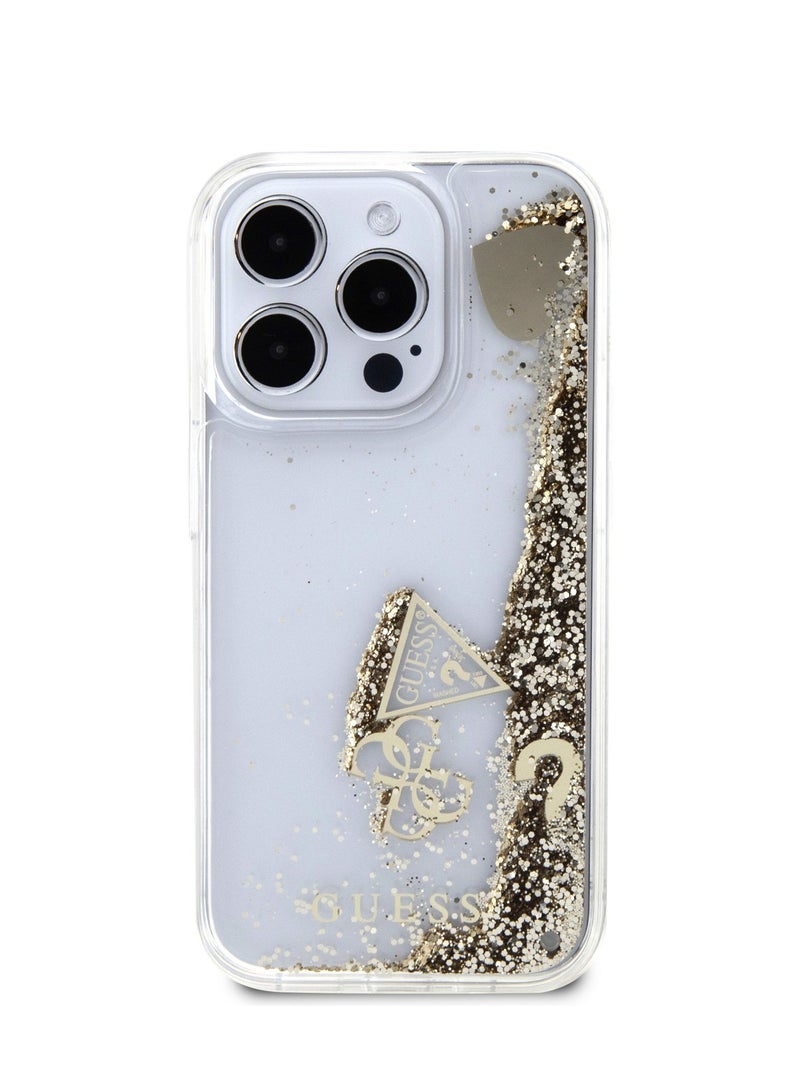 GUESS HC Liquid Glitter Case with Charms Pattern for iPhone 15 Pro -Gold - Image 1