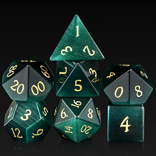 DNDND Cats Eye Gemstone Dice 7 PCS Green Stone Dice with Gorgeous Gift Case for DND Dungeons and Dragon Tabletop Game Green Cats Eye - Image 1