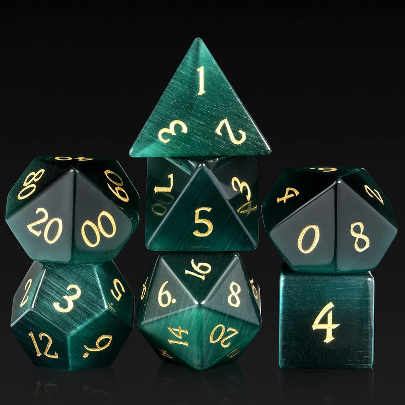 DNDND Cats Eye Gemstone Dice 7 PCS Green Stone Dice with Gorgeous Gift Case for DND Dungeons and Dragon Tabletop Game Green Cats Eye - Image 3