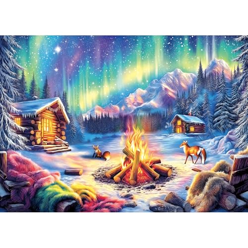 Blueforest 1000 Piece Jigsaw Puzzles for Adults Northern Lights Cozy Cabin Winter Bonfire Impossible Challenging Difficult Puzzle with Aurora Wildlife Hygge GiftReady Art 275x197 - Image 1
