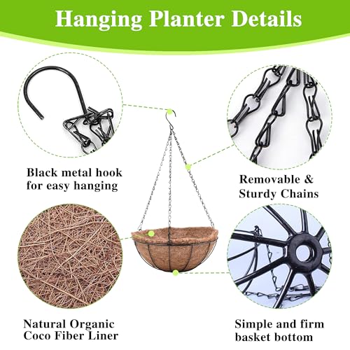 EIMQUVW Hanging Planters Basket Set of 3 Hanging Flower Pots 10 Inch Chain Round Wire Plant Holder with Coco Coir Liner Garden Watering Hanging Baskets for Patio Garden Outdoor1 - Image 5