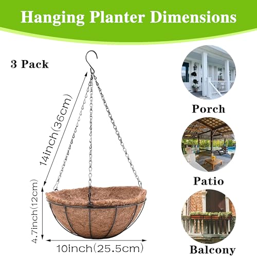 EIMQUVW Hanging Planters Basket Set of 3 Hanging Flower Pots 10 Inch Chain Round Wire Plant Holder with Coco Coir Liner Garden Watering Hanging Baskets for Patio Garden Outdoor1 - Image 4