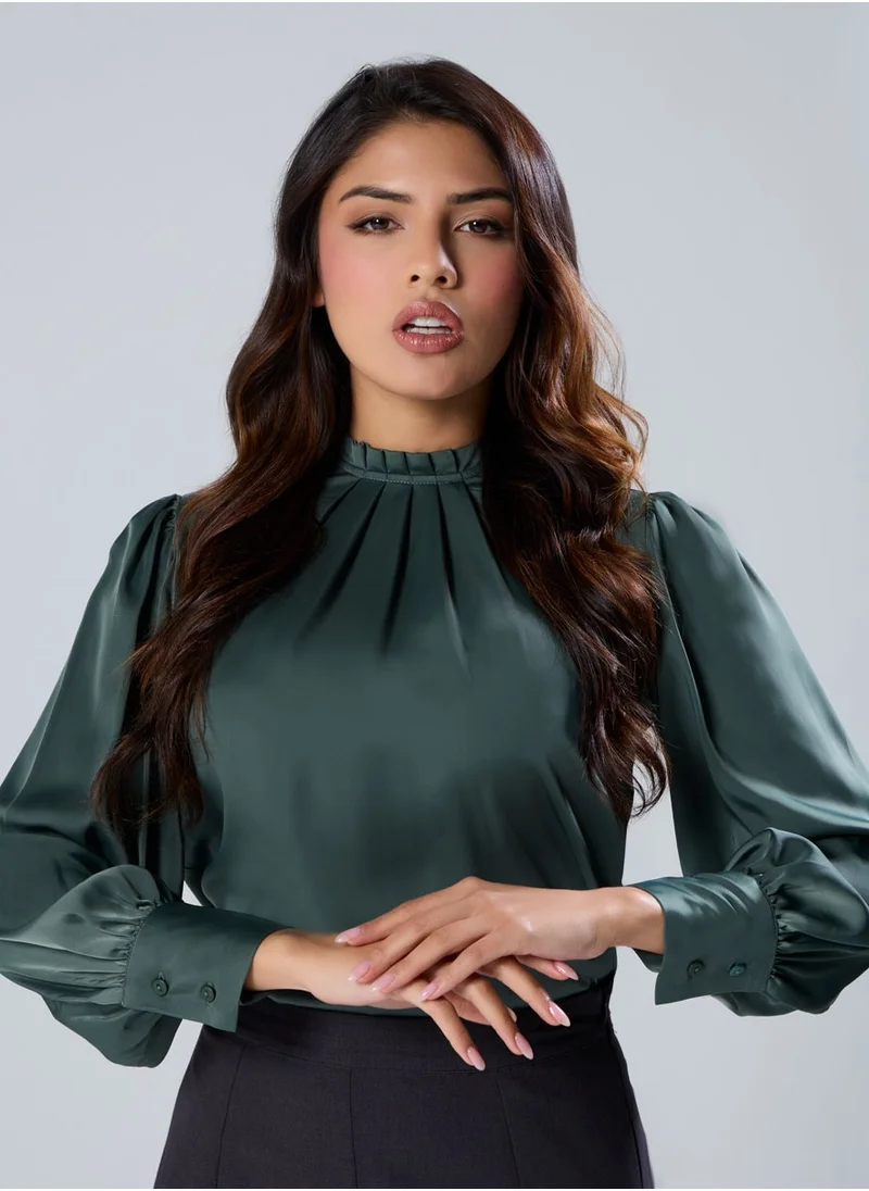 Zigzag Neck Pleated Long Sleeve Green Top
