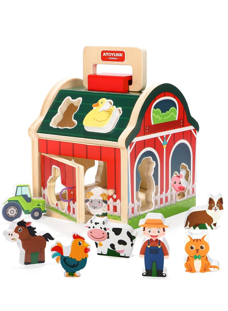 Wooden Farm Animals Toys, Take-Along Sorting Barn Toy with Door, Shape Sorter Wooden Blocks Montessori Learning Toys, Birthday Gifts for Kids - Image 1