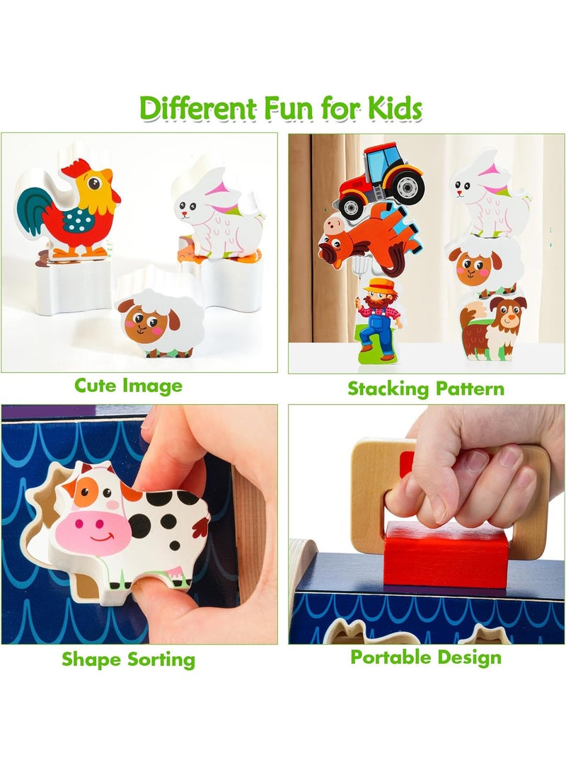 Wooden Farm Animals Toys, Take-Along Sorting Barn Toy with Door, Shape Sorter Wooden Blocks Montessori Learning Toys, Birthday Gifts for Kids - Image 4