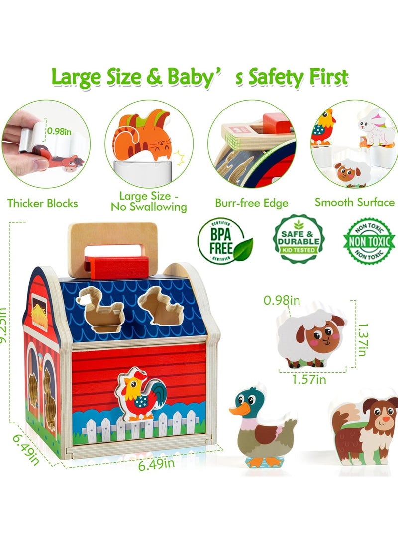 Wooden Farm Animals Toys, Take-Along Sorting Barn Toy with Door, Shape Sorter Wooden Blocks Montessori Learning Toys, Birthday Gifts for Kids - Image 3
