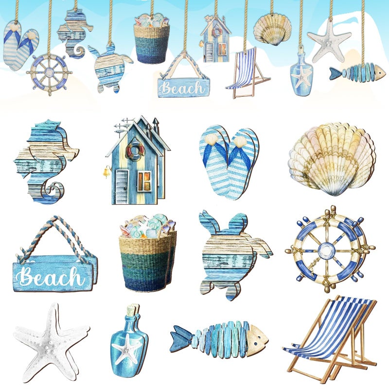 COAUXOG Summer Wooden Hanging Ornaments,Ocean Beach Wooden Slices Pendant for Hawaiian Tropical Christmas Tree Home Interior Hanging Decoration Party Supplies (Blue) (Blue) - Image 1