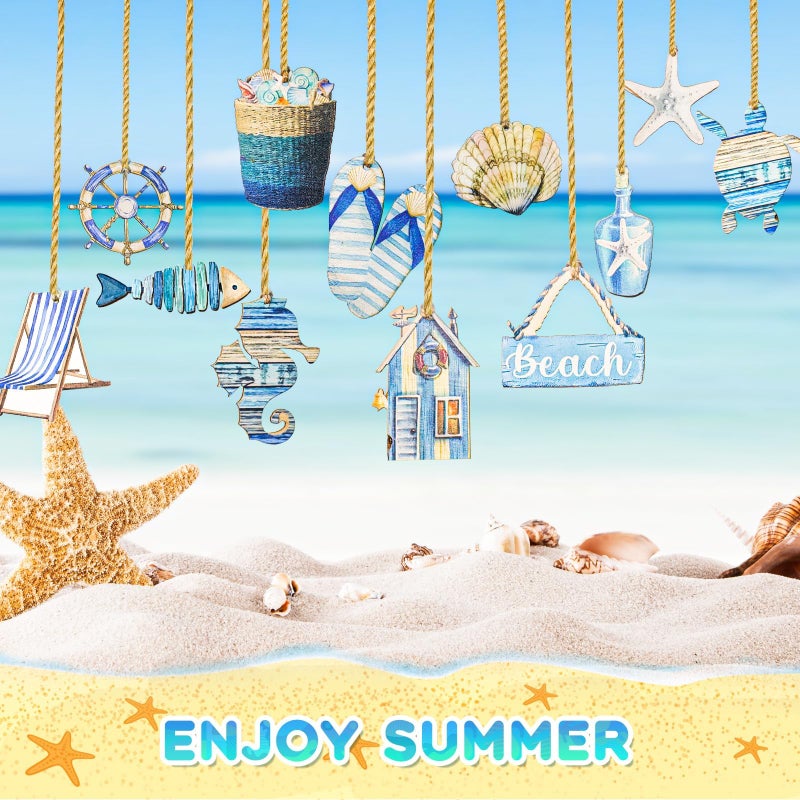 COAUXOG Summer Wooden Hanging Ornaments,Ocean Beach Wooden Slices Pendant for Hawaiian Tropical Christmas Tree Home Interior Hanging Decoration Party Supplies (Blue) (Blue) - Image 3