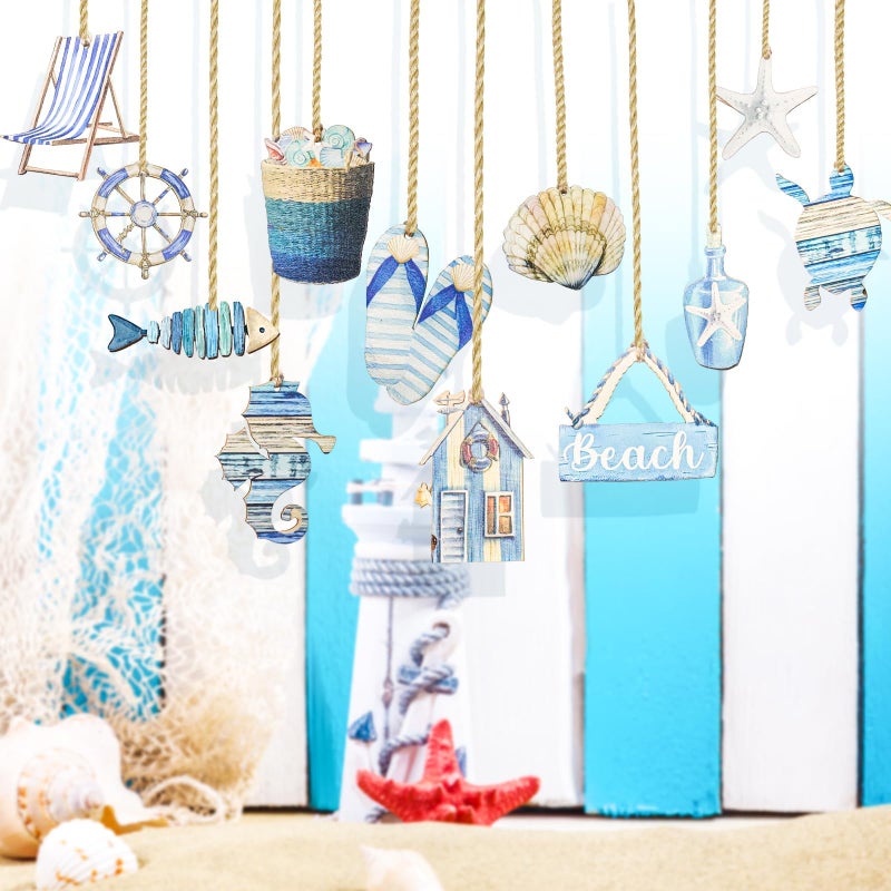 COAUXOG Summer Wooden Hanging Ornaments,Ocean Beach Wooden Slices Pendant for Hawaiian Tropical Christmas Tree Home Interior Hanging Decoration Party Supplies (Blue) (Blue) - Image 4