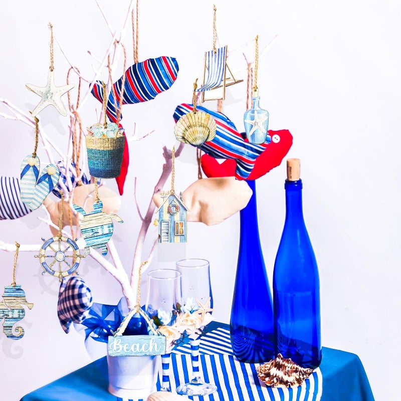 COAUXOG Summer Wooden Hanging Ornaments,Ocean Beach Wooden Slices Pendant for Hawaiian Tropical Christmas Tree Home Interior Hanging Decoration Party Supplies (Blue) (Blue) - Image 5