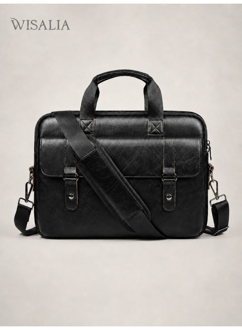 Wisalia Laptop Bag for Men 14 Inch, PU Leather Business Briefcase, Water Resistant Office Computer Bag, Shoulder Messenger Bag with Top Handle for Work, Travel and Daily Commute, Black - Image 1