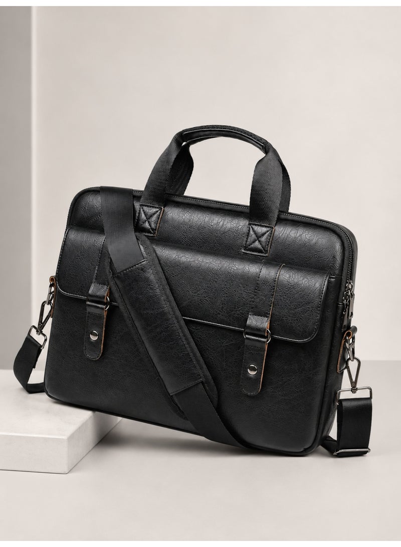 Wisalia Laptop Bag for Men 14 Inch, PU Leather Business Briefcase, Water Resistant Office Computer Bag, Shoulder Messenger Bag with Top Handle for Work, Travel and Daily Commute, Black - Image 2