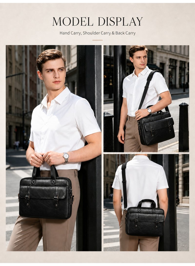 Wisalia Laptop Bag for Men 14 Inch, PU Leather Business Briefcase, Water Resistant Office Computer Bag, Shoulder Messenger Bag with Top Handle for Work, Travel and Daily Commute, Black - Image 3
