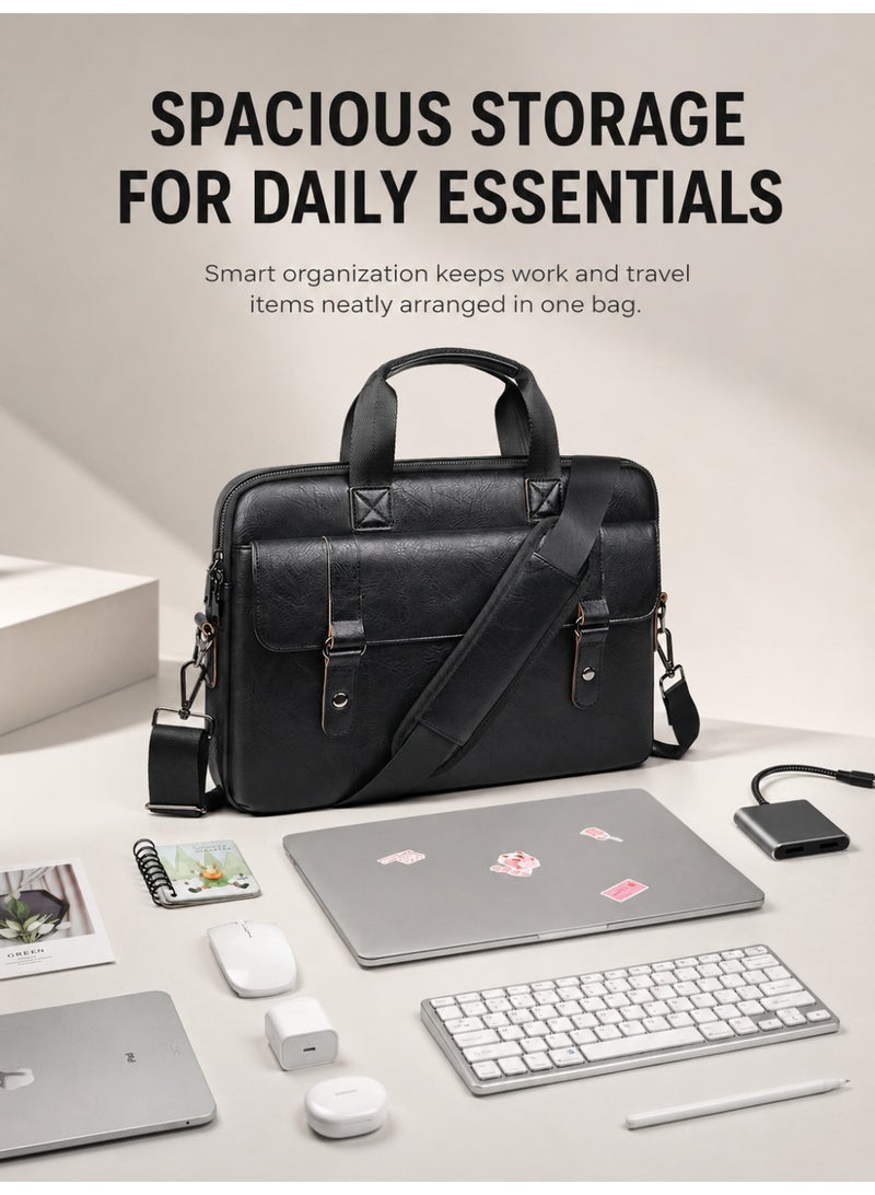 Wisalia Laptop Bag for Men 14 Inch, PU Leather Business Briefcase, Water Resistant Office Computer Bag, Shoulder Messenger Bag with Top Handle for Work, Travel and Daily Commute, Black - Image 4