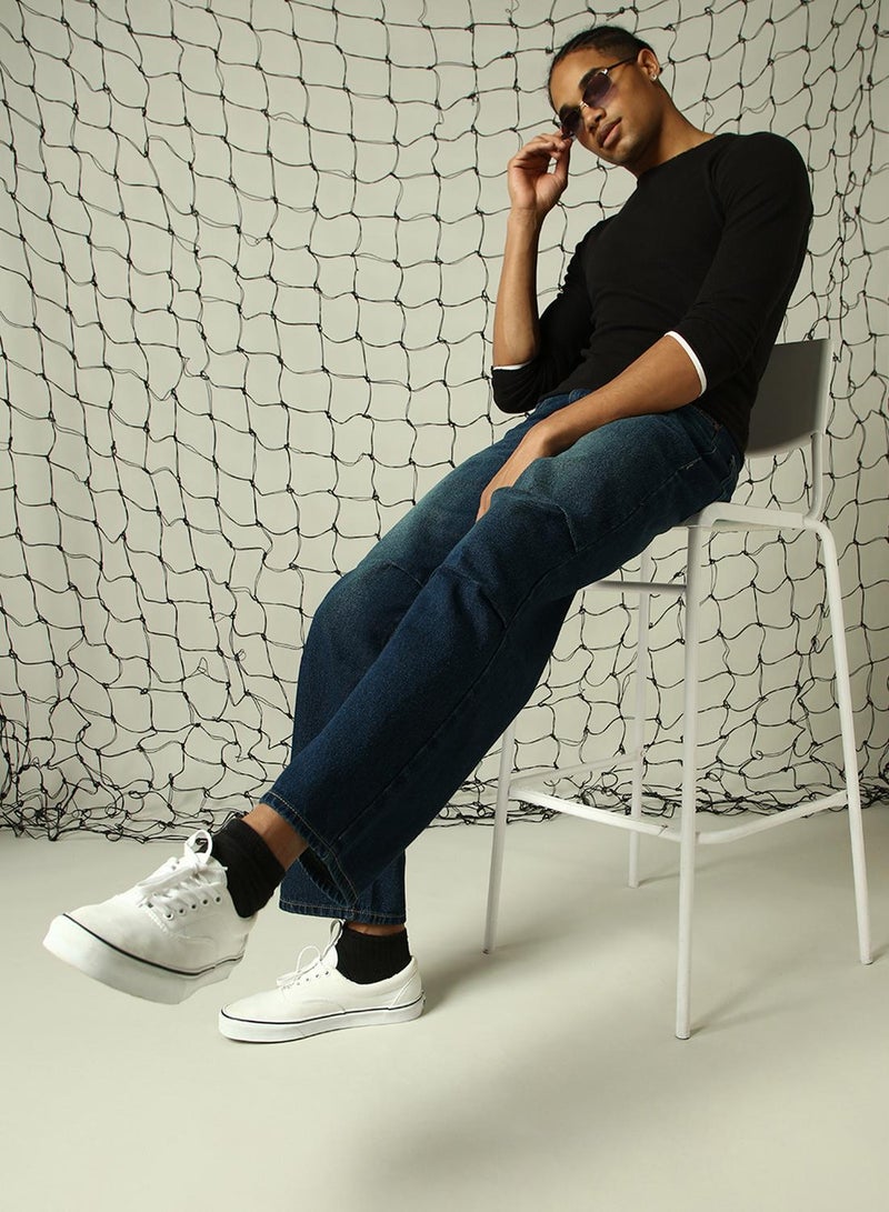 Hubberholme Men's Indigo 100% Cotton Distressed Full Length Loose Fit Jeans - Image 1