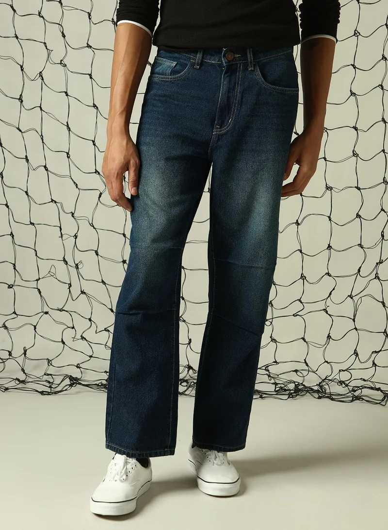 Hubberholme Men's Indigo 100% Cotton Distressed Full Length Loose Fit Jeans