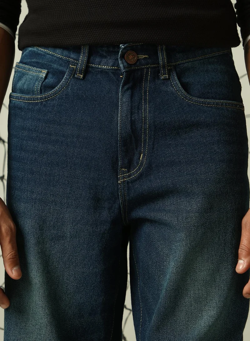 Hubberholme Men's Indigo 100% Cotton Distressed Full Length Loose Fit Jeans