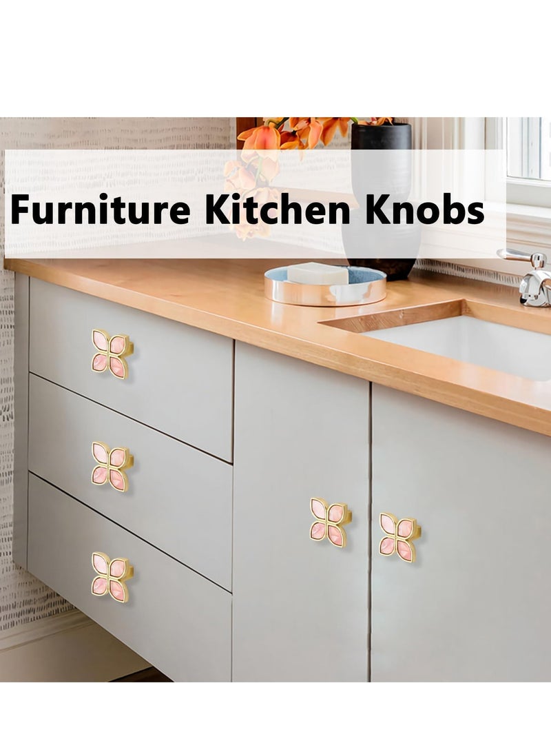 Knobs Four-Leaf Clover Brass Pulls Handles, Gold Knobs Dresser Knobs Clover Cabinet Handles with Screws for Dresser Drawers Kitchen Cabinet Pink, 6 pcs - Image 2