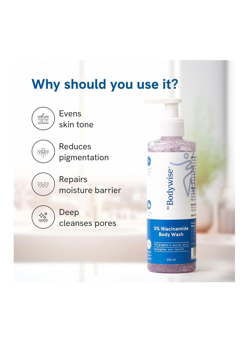 Be Bodywise - Be Bodywise 5% Niacinamide Body Wash | Prevents Body ACNE I Fights Hyperpigmentation, Deep Cleanses & Hydrates skin | Glowing & Hydrated Skin | Aloe vera, Vitamin B3 & E | All Skin Types | 250 ml - Image 1