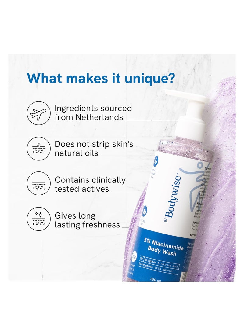 Be Bodywise - Be Bodywise 5% Niacinamide Body Wash | Prevents Body ACNE I Fights Hyperpigmentation, Deep Cleanses & Hydrates skin | Glowing & Hydrated Skin | Aloe vera, Vitamin B3 & E | All Skin Types | 250 ml - Image 1
