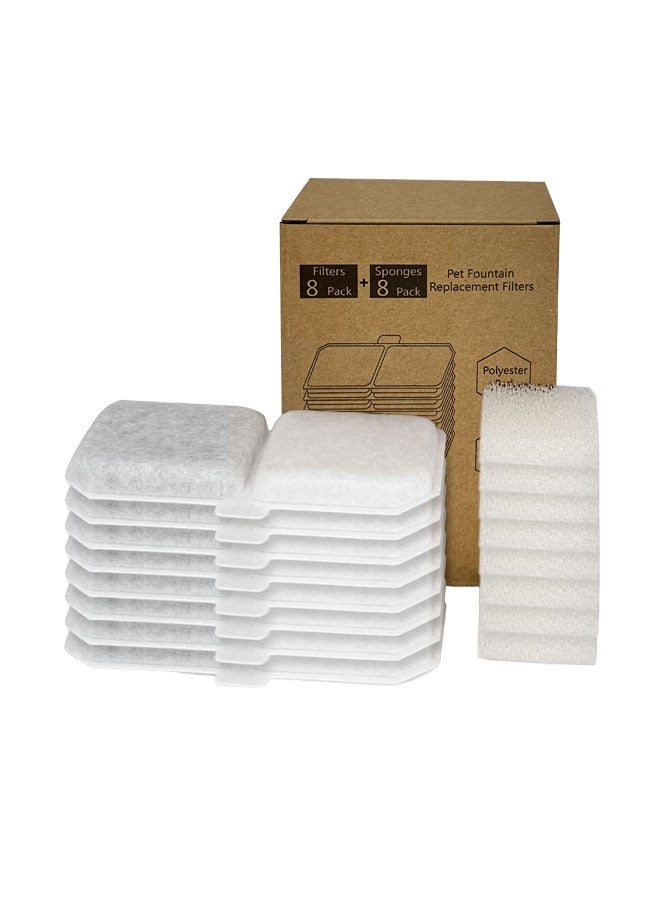 سيتا فلاتر نافورة الحيوانات الأليفة البديلة (عبوة من 8 قطع + 8 قطع) - تتضمن 8 فلاتر كربون و8 إسفنجات إسفنجية، ونظام ترشيح ثلاثي مع كربون نشط وحجر مايفان لنوافير مياه القطط والكلاب - Image 1