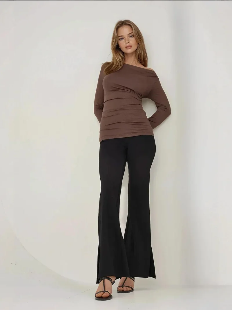 HICCUP Asymmetrical Collar Long Sleeve Slim Fit Top