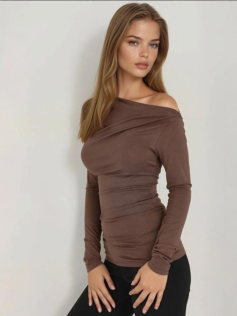 HICCUP Asymmetrical Collar Long Sleeve Slim Fit Top - Image 3