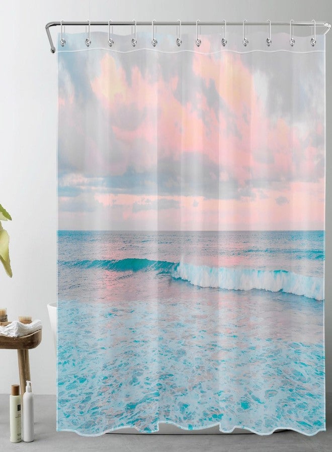 LB Teal Blue Ocean Shower Curtain for Bathroom, Pink Sky Cloud Summer Tropical Beach Theme Fabric Shower Curtain, Seaside Coastal Nature Landscape Bathroom Shower Curtain Set with Hooks, 72x72 inches - Image 1