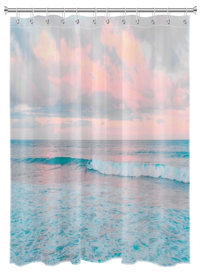 LB Teal Blue Ocean Shower Curtain for Bathroom, Pink Sky Cloud Summer Tropical Beach Theme Fabric Shower Curtain, Seaside Coastal Nature Landscape Bathroom Shower Curtain Set with Hooks, 72x72 inches - Image 4