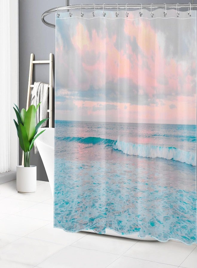LB Teal Blue Ocean Shower Curtain for Bathroom, Pink Sky Cloud Summer Tropical Beach Theme Fabric Shower Curtain, Seaside Coastal Nature Landscape Bathroom Shower Curtain Set with Hooks, 72x72 inches - Image 2