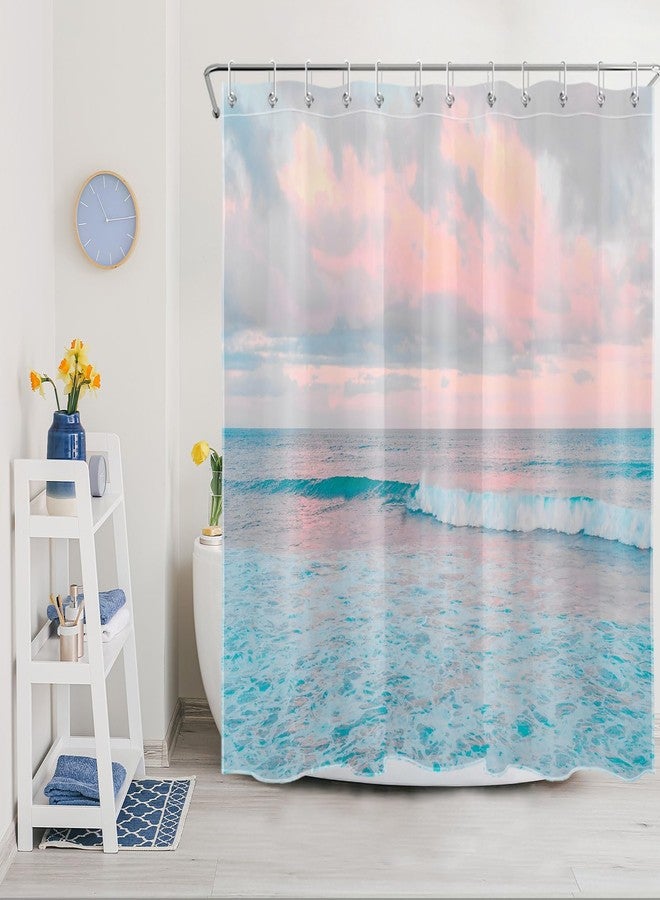 LB Teal Blue Ocean Shower Curtain for Bathroom, Pink Sky Cloud Summer Tropical Beach Theme Fabric Shower Curtain, Seaside Coastal Nature Landscape Bathroom Shower Curtain Set with Hooks, 72x72 inches - Image 3
