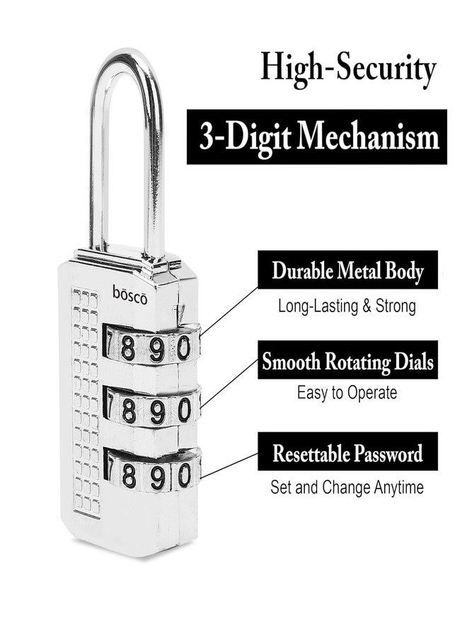 BOSCO 3-Digit Combination Lock - Portable Anti-Theft Zinc Alloy Padlock with Resettable PIN for Backpacks, Luggage, Toolboxes, Briefcases, Zippers & Travel Security (Silver, Set of 1) - Image 5