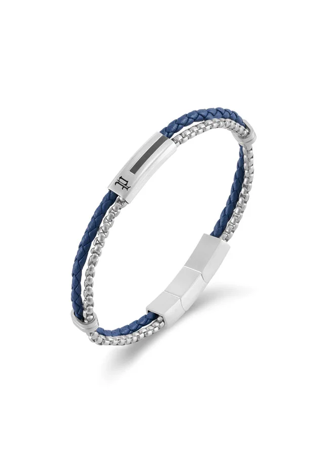 POLICE Dualcell Braided Leather, Box Chain Stainless Steel Bracelet for Men