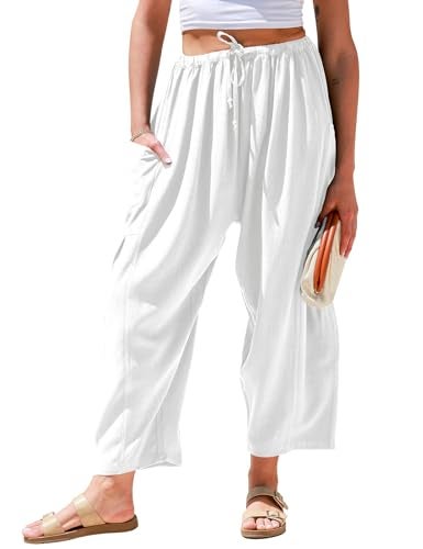 TARSE Womens Linen Wide Leg Pants Casual Loose Drawstring Low Waist Beach Palazzo Harem Pants with Pockets 2025(White,M) - Image 5