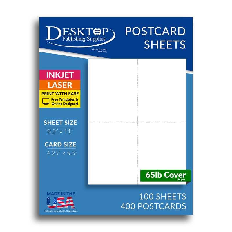 بطاقات بريدية بيضاء 65 رطل 4 في 1 100 ورقة 400 بطاقة بريدية من علامة تجارية Desktop Publishing Supplies Inc