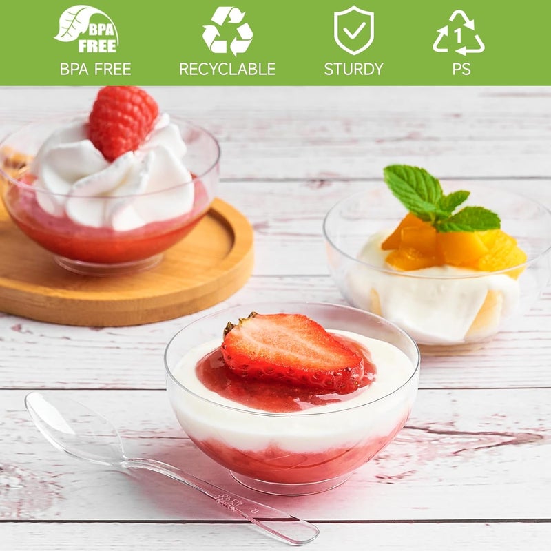 Qeirudu 50 Pack 3 oz Mini Dessert Cups with Spoons Clear Small Appetizer Cups Round Party Serving Bowls for Yogurt Parfait Fruit Mousses Ice Creams - Image 3
