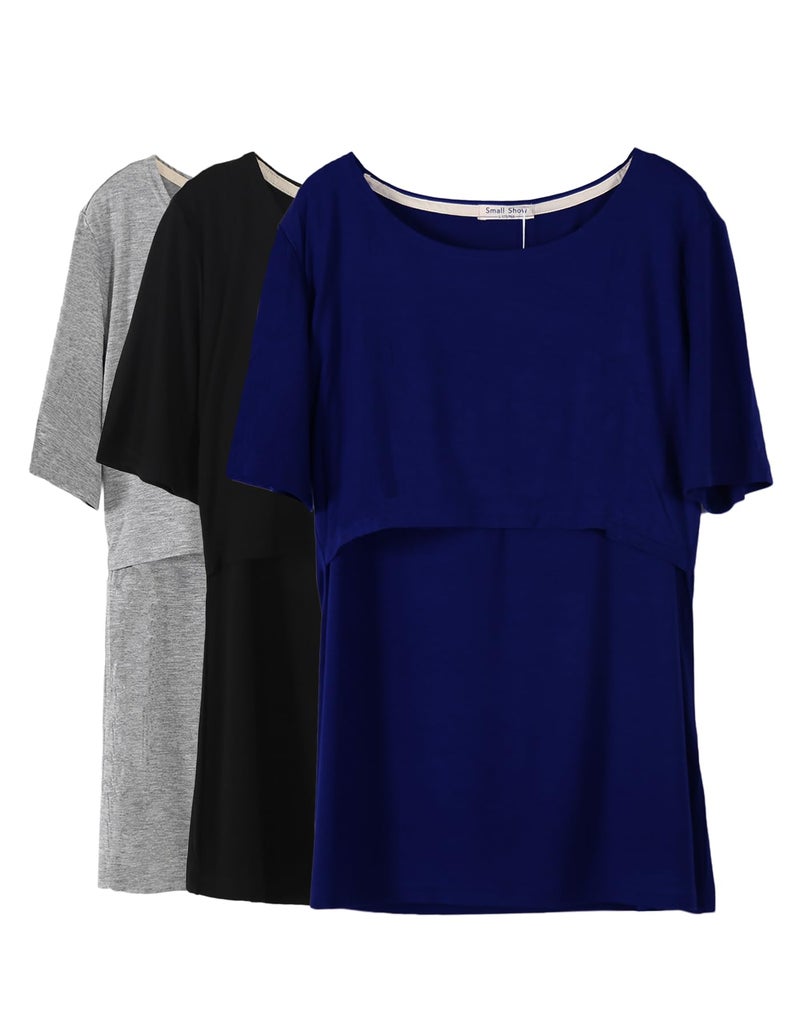 Smallshow 3 Pcs Maternity Nursing T-Shirt Modal Short Sleeve Nursing Tops Dark Blue-Black-Grey,Medium - Image 1